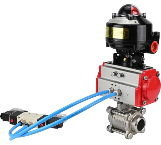 Кран шаровой DN.ru КШПП 316.200-ISO Ду40 Ру40, пневмопривод DA-083, пневмораспределитель (2EM) 220VAC, БКВ LSB-510 (EX) D160-74386