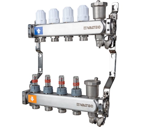 Коллекторный блок Valtec из нержавеющей стали с регулирующими клапанами и расходомерами, 1х4 вых. Евроконус 3/4 VTc.579.EMNX.0604