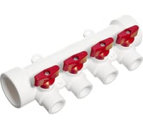 Коллектор полипропиленовый Imperial белый, с кранами, 4 выхода, красный, ф40-20 PPR 40-045