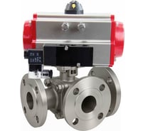 Кран шаровой DN.ru 316-316-PTFE-FP-3L-F-ISO-H Ду80 Ру16 HYMT, 3-ходовой L-тип фланцевый, пневмопривод DA-105, пневмораспр. 220VAC D160-77143