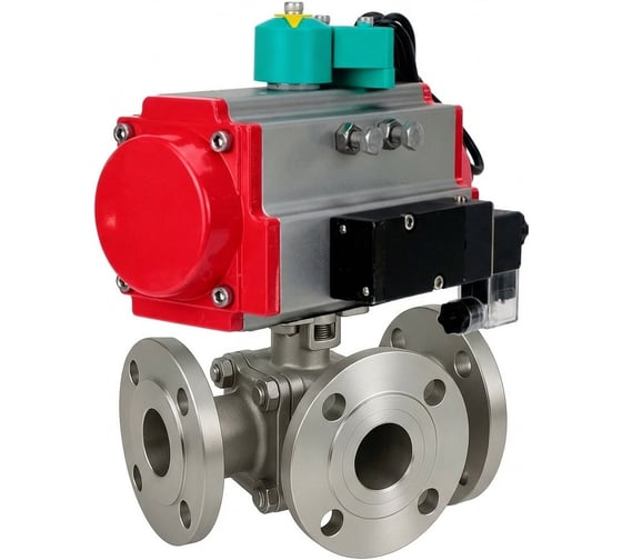 Кран шаровой DN.ru 316-316-PTFE-FP-3L-F-ISO-H Ду50 Ру16 HYMT, 3-ходовой L-тип фланцевый, пневмопривод SA-105, пневмораспр. (2EM) 220VAC, МППП-200 D160-77215 1