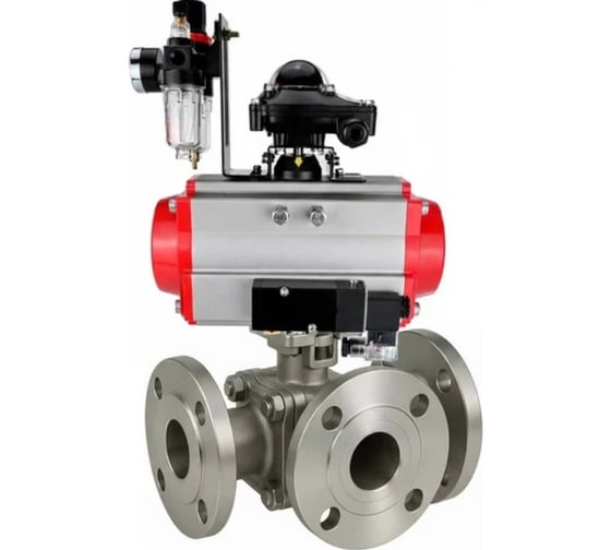 Кран шаровой DN.ru 316-316-PTFE-FP-3L-F-ISO-H Ду80 Ру16 HYMT, 3-ходовой L-тип фланцевый, пневмопривод SA-130, пневмораспр. (2EM) 220VAC, БКВ LSB-210, БПВ D160-77405 1