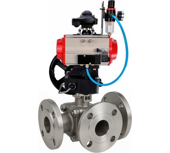 Кран шаровой DN.ru 316-316-PTFE-FP-3L-F-ISO-H Ду50 Ру16 HYMT, 3-ходовой L-тип фланцевый, пневмопривод DA-065, пневмораспр. (2EM) 220VAC, дублёр HDM-1, БКВ LSB-410 Ex, БП D160-77473 1