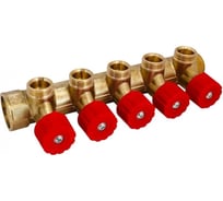 Коллектор латунный Апогей КЛА 2005.045-4У-ВГР(К)-15 DN20 ВР3/4- НР3/4 м/о 45 мм НР1/2''ЕК с регулирующими вентильными головками красными на 5 выходов 411012