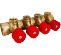 Коллектор латунный Апогей КЛА 2004.045-4У-ВГР(К)-15 DN20 ВР3/4- НР3/4 м/о 45 мм НР1/2''ЕК с регулирующими вентильными головками красными на 4 выхода 411011