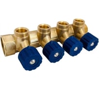 Коллектор латунный Апогей КЛА 2004.045-4У-ВГР(С)-15 DN20 ВР3/4- НР3/4 м/о 45 мм НР1/2''ЕК с регулирующими вентильными головками синими на 4 выхода 411015