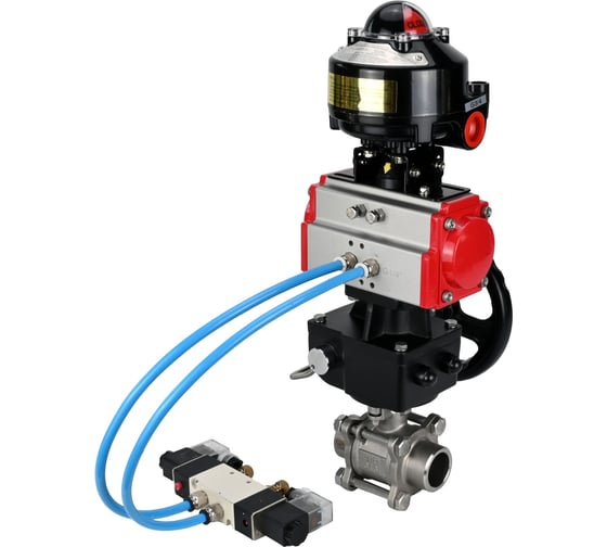 Кран шаровой DN.ru 316-316-PTFE-FP-W-ISO-H WDVF Ду40 Ру40, пневмопривод DA-065, пневмораспределитель 220VAC, БКВ LSB-510 (EX), ручной дублёр HDM-1 D160-73199 1