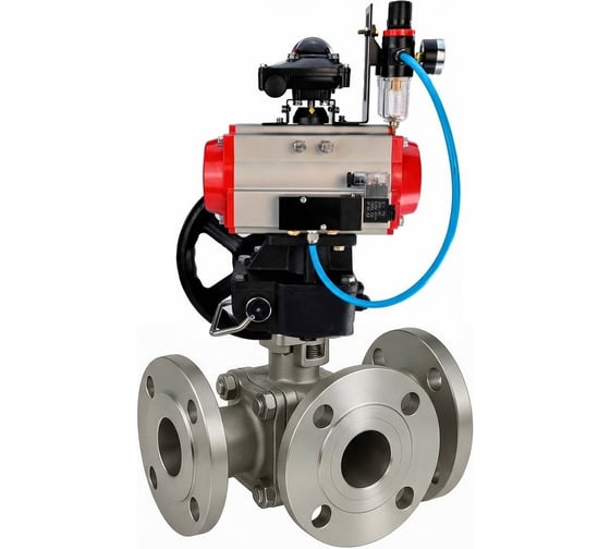 Кран шаровой DN.ru 316-316-PTFE-FP-3L-F-ISO-H Ду50 Ру16 HYMT, 3-ходовой L-тип фланцевый, пневмопривод DA-065, пневмораспр. (2EM) 220VAC, дублёр HDM-1, БКВ LSB-510 Ex, БП D160-77482