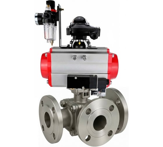 Кран шаровой DN.ru 316-316-PTFE-FP-3L-F-ISO-H Ду80 Ру16 HYMT, 3-ходовой L-тип фланцевый, пневмопривод DA-105, пневмораспр. (2EM) 220VAC, БКВ LSB-410 Ex, БПВ D160-77420