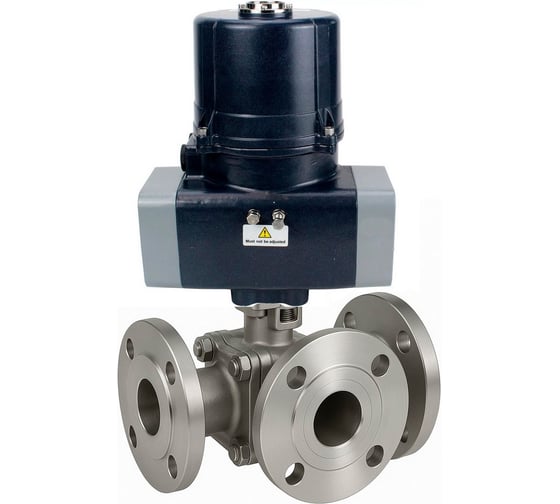 Кран шаровой DN.ru 316-316-PTFE-FP-3L-F-ISO-H Ду50 Ру16 HYMT, 3-ходовой L-тип фланцевый, эл.привод ЭПВП-005 220В с пружинным возвратом D160-77130