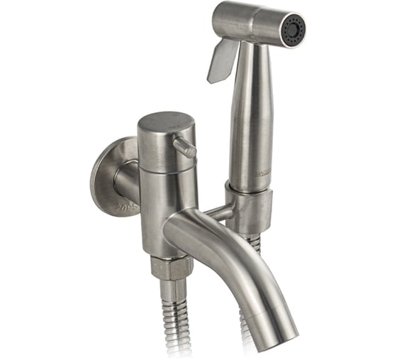 Кран водоразборный, подключение 1/2", металлокерамика, с аэратором, с гигиеническим душем, из нержавеющей стали марки SUS 304, цвет САТИН. МАГНУС 9248