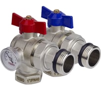 Кран шаровой с термометром угловой ВН/НАР 1", комплект 2 шт. (красная + синяя бабочки) TEBO T-КШ.Т.552.1.КСБ.CN