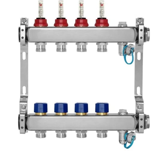 Коллекторная группа BYR PEX из нержавеющей стали, 1-Т4-3/4ЕК L=50 с расходомерами, термостатическими клапанами 2425-04