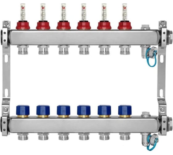 Коллекторная группа BYR PEX из нержавеющей стали, 1-Т6-3/4ЕК L=50 с расходомерами, термостатическими клапанами 2425-06