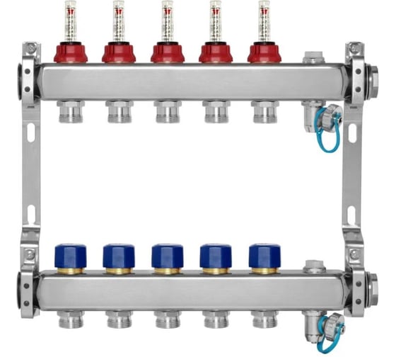 Коллекторная группа BYR PEX из нержавеющей стали, 1-Т5-3/4ЕК L=50 с расходомерами, термостатическими клапанами 2425-05