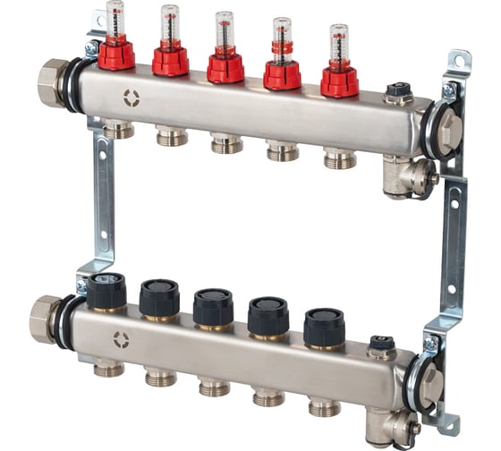 Гребенка OVENTROP Multidis SHR, 2 выхода, 1x 3/4 ЕК, PN 10, нержавеющая сталь, с регулирующими вентильными вставками 140650052