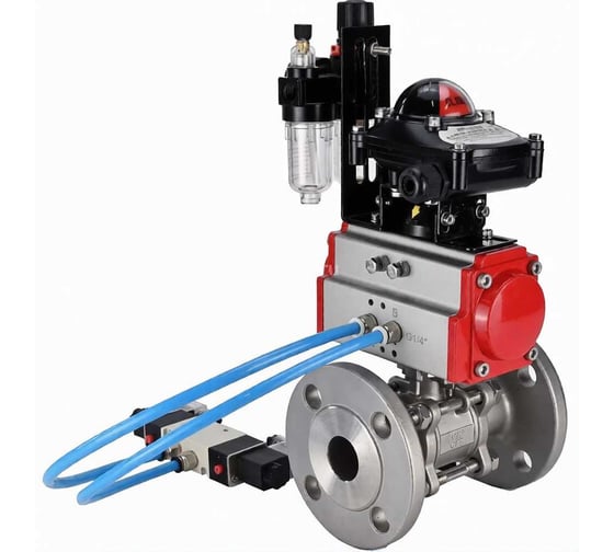 Кран шаровой DN.ru КШФПТ 316.180 Ду50 Ру40, пневмопривод DA-065, пневмораспределитель 220VAC, БКВ LSB-410 (EX), ручной дублёр HDM-1, БПВ D160-72410