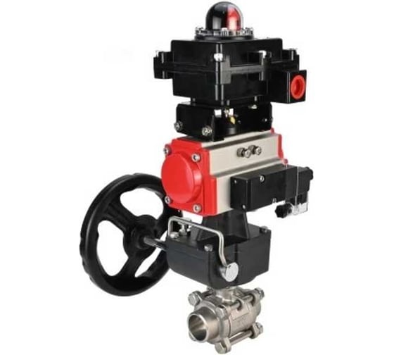 Кран шаровой DN.ru КШПП 316.200-ISO Ду32 Ру63 под приварку, пневмопривод DA-065, пневмораспределитеь PND2-S1EM-52-1NC-J08-24VDC, БКВ LSB-410-02ExM12-250, ручка дублер HDM-1 D160-78328