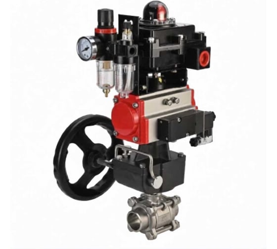 Кран шаровой DN.ru КШПП 316.200-ISO Ду40 Ру40 под приварку, пневмопривод DA-083, пневмораспределитеь PND2-S1EM-52-1NC-J08-24VDC, БКВ LSB-410-02ExM12-250, ручка дублер HDM-2 D160-78329