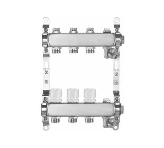 Коллекторная группа DN.ru КГ-4 1 Ду25 Ру10 8 отв., с термоклапанами и запорно-баланс. клапанами, дрен. краном, возд.отв.ом, с загл., нерж. сталь D410-05335
