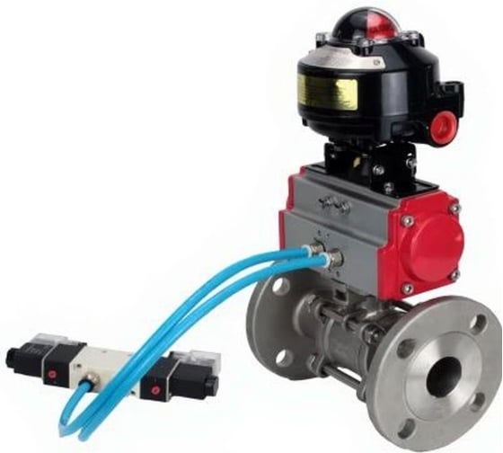 Шаровой кран DN.ru КШФПТ.304.180 Ду25 Ру40, фланц., PTFE, пн.привод DA-052, пн.распред PND1-S2EM-52-2-T10-220VAC, БКВ LSB-510-02ExM12-250 D160-81332