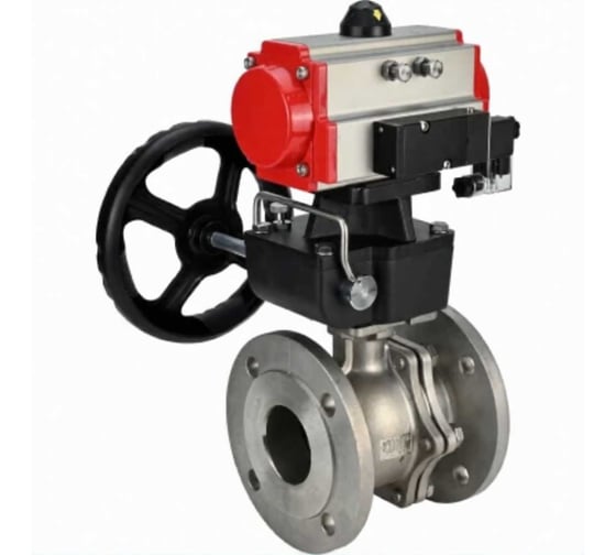 Кран шаровой DN.ru КШ.Ф.П.316.200 Ду50 Ру16 фланцевый, с пневмоприводом DA-083, пневмораспределитель PND2-S1EM-52-1NC-J08-24VDC и ручной дублер HDM-2 D160-78883