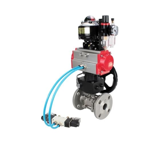 Шаровой кран DN.ru КШФПТ.304.180 Ду25 Ру40, фланц., пн.привод DA-052, пн.расп. PND1-S2EM-52-2-T08-220VAC, БКВ LSB-510-02ExM12-250, руч. HDM-1, БПВ APU1-10-40-V08 D160-81 D160-81192