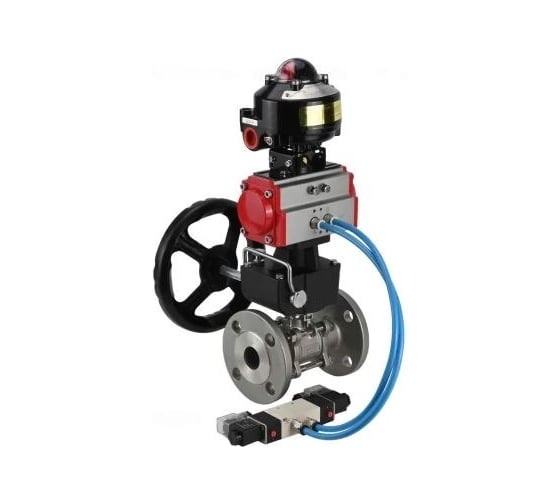 Шаровой кран DN.ru КШФПТ.304.180 Ду25 Ру40, фланц., пн.привод DA-052, пн.распред PND1-S2EM-52-2-T08-220VAC, БКВ LSB-510-02ExM12-250, руч.дубл. HDM-1 D160-81182
