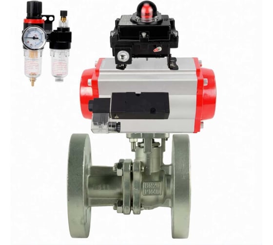 Кран шаровой DN.ru КШ.Ф.П.316.200 Ду65 Ру16 двухходовой, фланцевый, с пневмоприводом, DA-083, руч.дубл. HDM-2 и БКВ LSB-210-02NM12-220/24 D160-79539