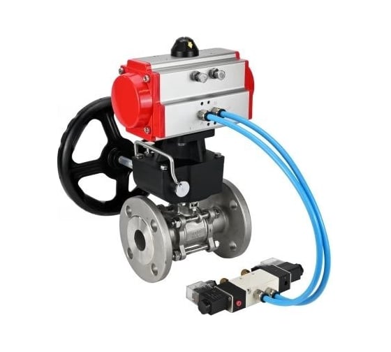 Шаровой кран DN.ru КШФПТ.304.180 Ду32 Ру40, фланц., PTFE, с пн.приводом DA-052, пн.распред PND1-S2EM-52-2-T10-220VAC и руч.дубл. HDM-1 D160-81373