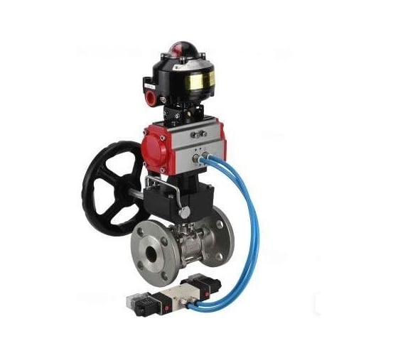 Шаровой кран DN.ru КШФПТ.304.180 Ду32 Ру40, фланц., пн.привод DA-052, пн.распред PND1-S2EM-52-2-T08-220VAC, БКВ LSB-510-02ExM12-250, руч.дубл. HDM-1 D160-81183