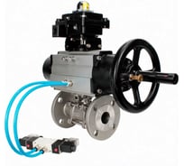 Кран шаровой DN.ru КШФПТ.304.180 Ду100 Ру16, фланц. 22х22, WDVF, пневмопривод DA-105-1, пневмораспределитель PND1-S2EM-52-2-T10-220VAC, БКВ LSB-410-02ExM12-250 D160-81032