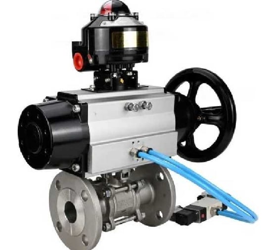 Кран шаровой DN.ru КШФПТ.304.180 Ду100 Ру16, фланц. 22х22, WDVF, пневмопривод DA-105-1, пневмораспределитель PND1-S2EM-52-2-T08-220VAC, БКВ LSB-510-02ExM12-250, БПВ APU1-10-40-V08 D1 D160-81012