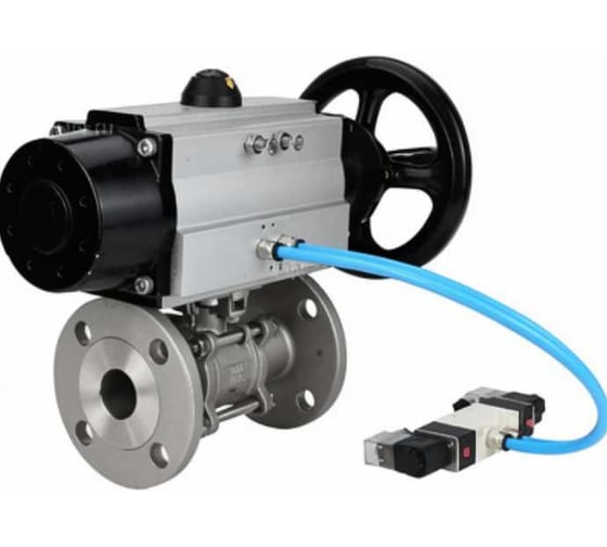 Кран шаровой DN.ru КШФПТ.304.180 Ду100 Ру16, фланц., PTFE, 22х22, WDVF, с пневмоприводом DA-105-1 и пневмораспределитель PND1-S2EM-52-2-T10-220VAC D160-81016