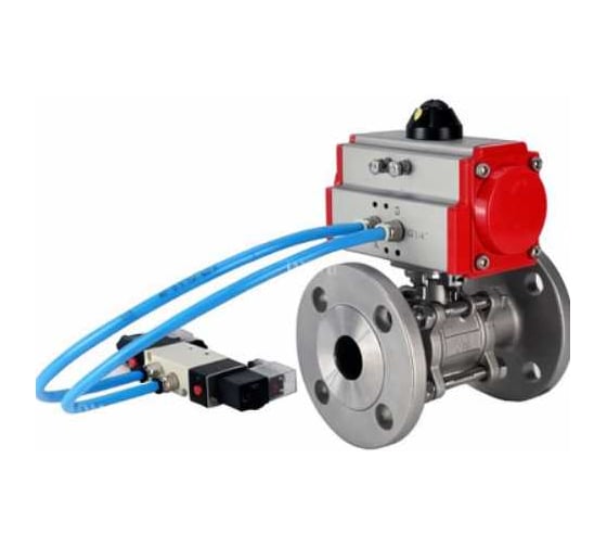 Кран шаровой DN.ru КШФПТ.304.180 Ду100 Ру16, фланц., PTFE, 22х22, WDVF, с пневмоприводом SA-140 и пневмораспределитель PND1-S2EM-52-2-T08-220VAC D160-81389