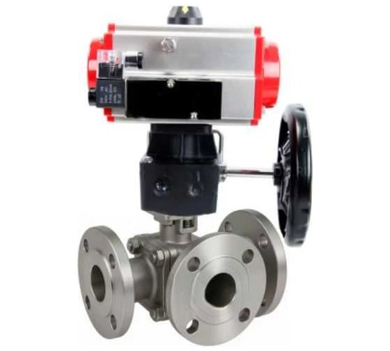 Кран шаровой DN.ru 316-316-PTFE-FP-3L-F-ISO-H Ду20 Ру16 HYMT фланц., пн.привод DA-052, пн.распред PND1-S2EM-52-2-T10-220VAC, руч.дубл. HDM-1 D160-81658