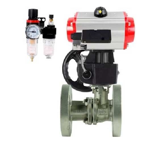 Кран шаровой DN.ru КШ.Ф.П.316.200 Ду80 Ру16, фланцевый, пневмопривод SA-130, пневмораспределитель PND2-S1EM-52-1NC-J08-24VDC, БКВ LSB-210-02NM12-220/24, БПВ APU1-10-40-V08 D160-79846