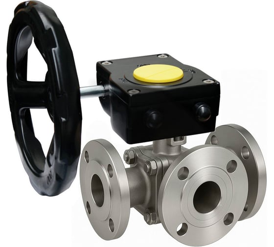 Кран шаровой DN.ru 316-316-PTFE-FP-3L-F-ISO-H Ду80 Ру16 HYMT, 3-ходовой L-тип фланцевый, редуктор HAM-1 D160-77092