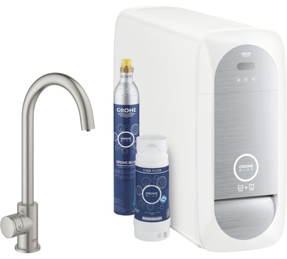 Кран для кухонной мойки Grohe Blue Home Mono с системой фильтрации, охлаждения и газирования воды, Wi-Fi, суперсталь 31498DC1