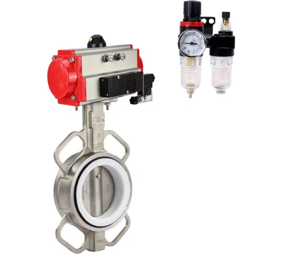 Затвор DN.ru 316L-316L-PTFE Ду150 Ру16, с пневмоприводом DA-130, пневмораспределитель PND1-T08-220VAC NAMUR, БПВ D050-116359