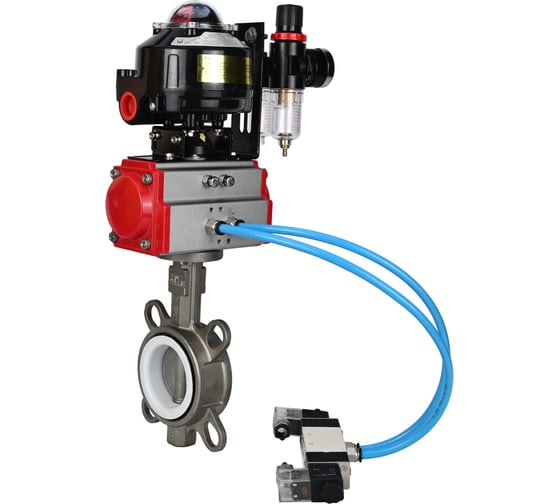 Затвор DN.ru 316L-316L-PTFE Ду80 Ру16, с пневмоприводом DA-083, пневмораспределитель PND1-T10-220VAC NAMUR, БКВ LSB-510, БПВ D050-116623