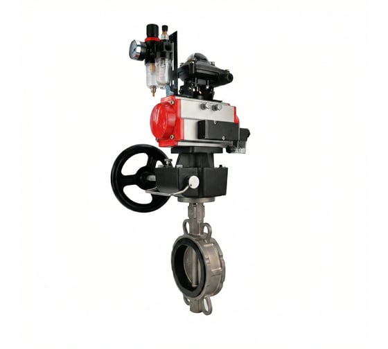 Затвор дисковый DN.ru 316L-316L-VITON Ду100 Ру16, с пневмоприводом DA-083, пневмораспределитель PND2-S1EM-52-1NC-J08-220VAC, БКВ LSB-210-02NM12-220/24, БПВ APU1-10-40-V08, ручной дублер HDM-2 D05 D050-93451