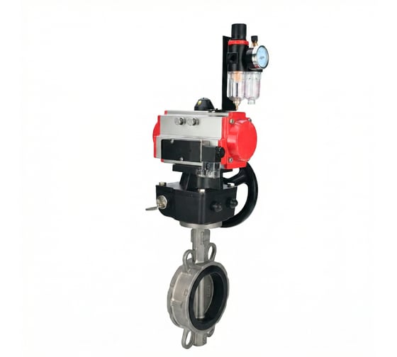 Затвор дисковый DN.ru 316L-316L-VITON Ду100 Ру16L с пневмоприводом DA-083, пневмораспределитель PND2-S1EM-52-1NC-J08-220VAC, БПВ APU1-10-40-V08, ручной дублер HDM-2 D050-93433