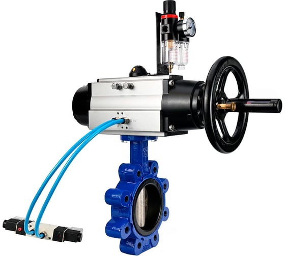 Затвор DN.ru QT450-QT450-EPDM-2W-Fb-H Ду150 Ру16 LUG, с пневмоприводом DA-105-1, пневмораспределитель PND1-T10-220VAC NAMUR, БПВ D050-101203