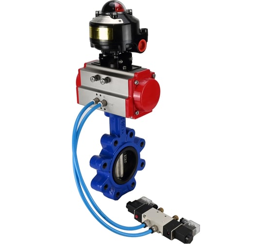 Затвор DN.ru QT450-QT450-EPDM-2W-Fb-H Ду100 Ру16 LUG, с пневмоприводом DA-083, пневмораспределитель PND1-T08-220VAC NAMUR, БКВ LSB-510 D050-101285