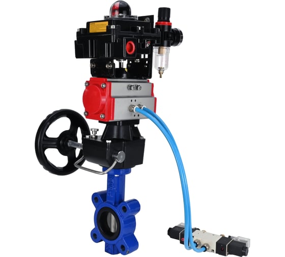 Затвор DN.ru QT450-304-NBR-2W-Fb-H Ду80 Ру16 LUG, с пневмоприводом DA-083, пневмораспределитель PND1-T08-220VAC NAMUR, РД HDM-2, БКВ LSB-410, БПВ D050-102292