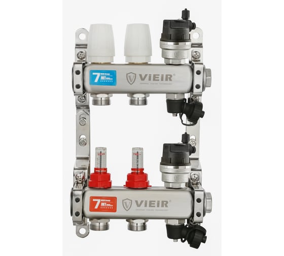 Коллекторная группа ViEiR 1x3/4 2 выхода из нержавеющей стали с расходомерами и воздухоотводчиками без кранов для теплого пола VR123-02A 1