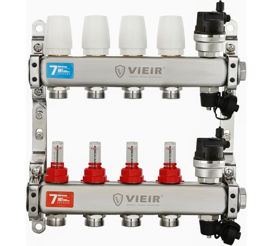 Коллекторная группа ViEiR 1x3/4 4 выхода из нержавеющей стали с расходомерами и воздухоотводчиками без кранов для теплого пола VR123-04A (V) 1