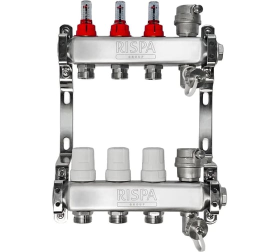 Коллекторная группа RISPA 1× 3/4 3 выходов, нержавеющая сталь (в сборе с расходомерами, автоматическим воздухоотводом и дренажным краном) к.5 RKG103INOX- Россия