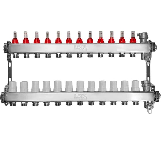 Коллекторная группа RISPA 1× 3/4 12 выходов, нержавеющая сталь (в сборе с расходомерами, автоматическим воздухоотводом и дренажным краном) к.4 RKG112INOX- Россия